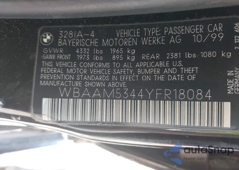 2000 BMW 328I from USA, damaged, VIN WBAAM5344YFR18084